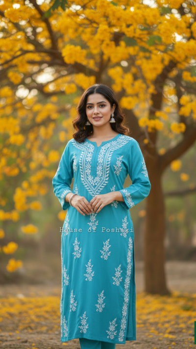 Rayon Straight Fit Kurti - Ocean Blue