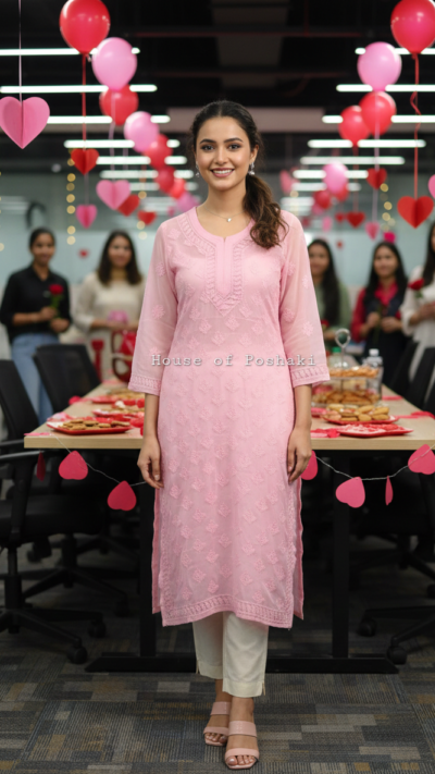 Georgette Buti Jaal Dual shade Kurti - Pink