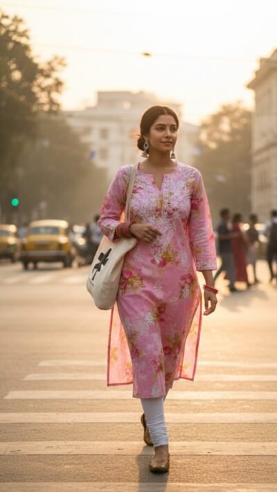 Mulmul Floral Straight Kurti - Pink