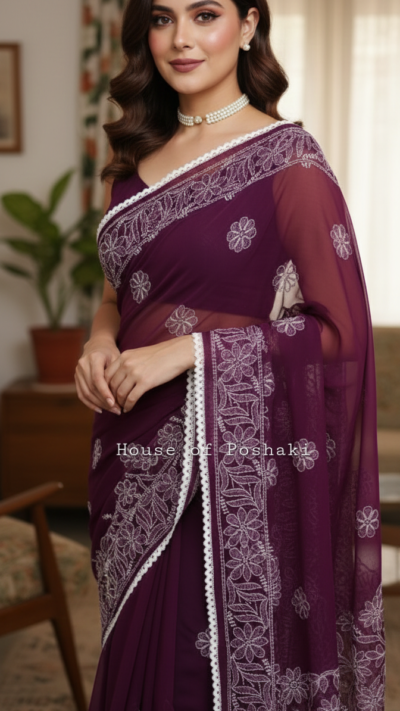 Sajni Georgette Half Jaal Saree - Wine