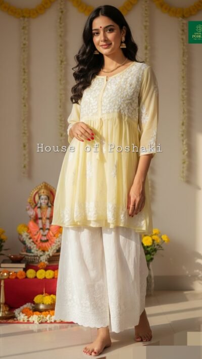 Georgette Peplum  Short Gown - Lemon Yellow