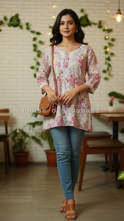 Zayeba Mulmul Floral Top - Light Pink