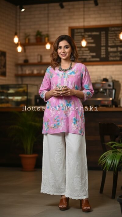 Zayeba Mulmul Floral Top - Pink & Blue