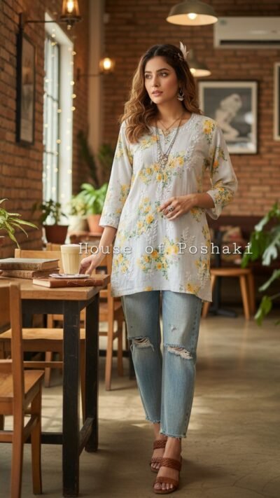 Zayeba Mulmul Floral Top - White & Yellow