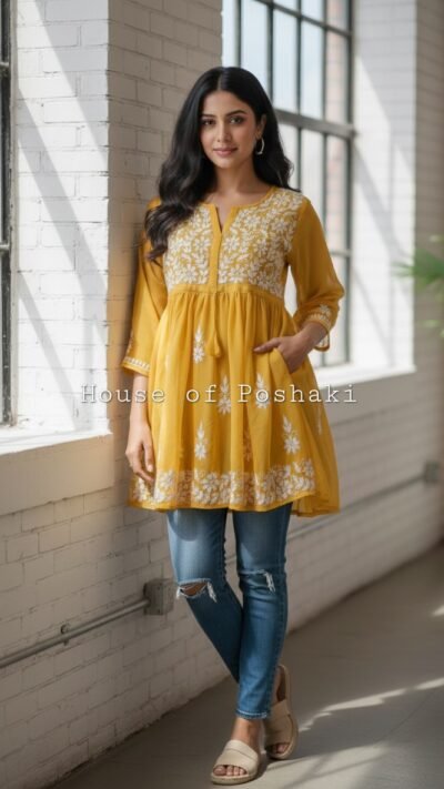 Georgette Peplum  Short Gown - Mustard