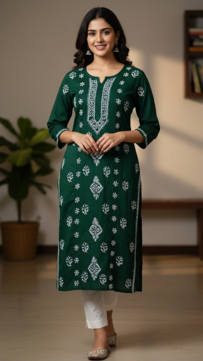 Cotton Panel Kurti - Dark Green