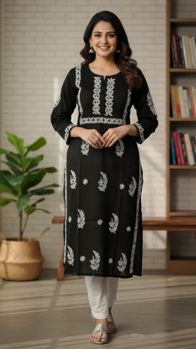 Cotton Pleat Kurti - Black