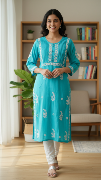 Cotton Pleat Kurti - Sky Blue