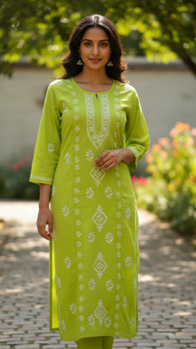 Cotton Panel Kurti - Green