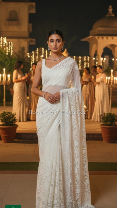 Sajni Georgette Half Jaal Saree - White