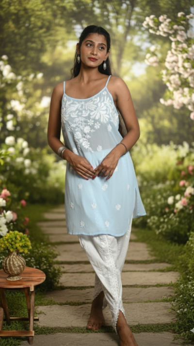 Gulbahar Viscose Strapy Short Kurti - Sky Blue